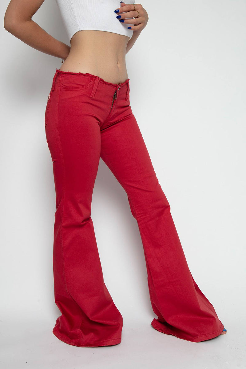 Pantalons vaquers vermells per a dona tipus campana